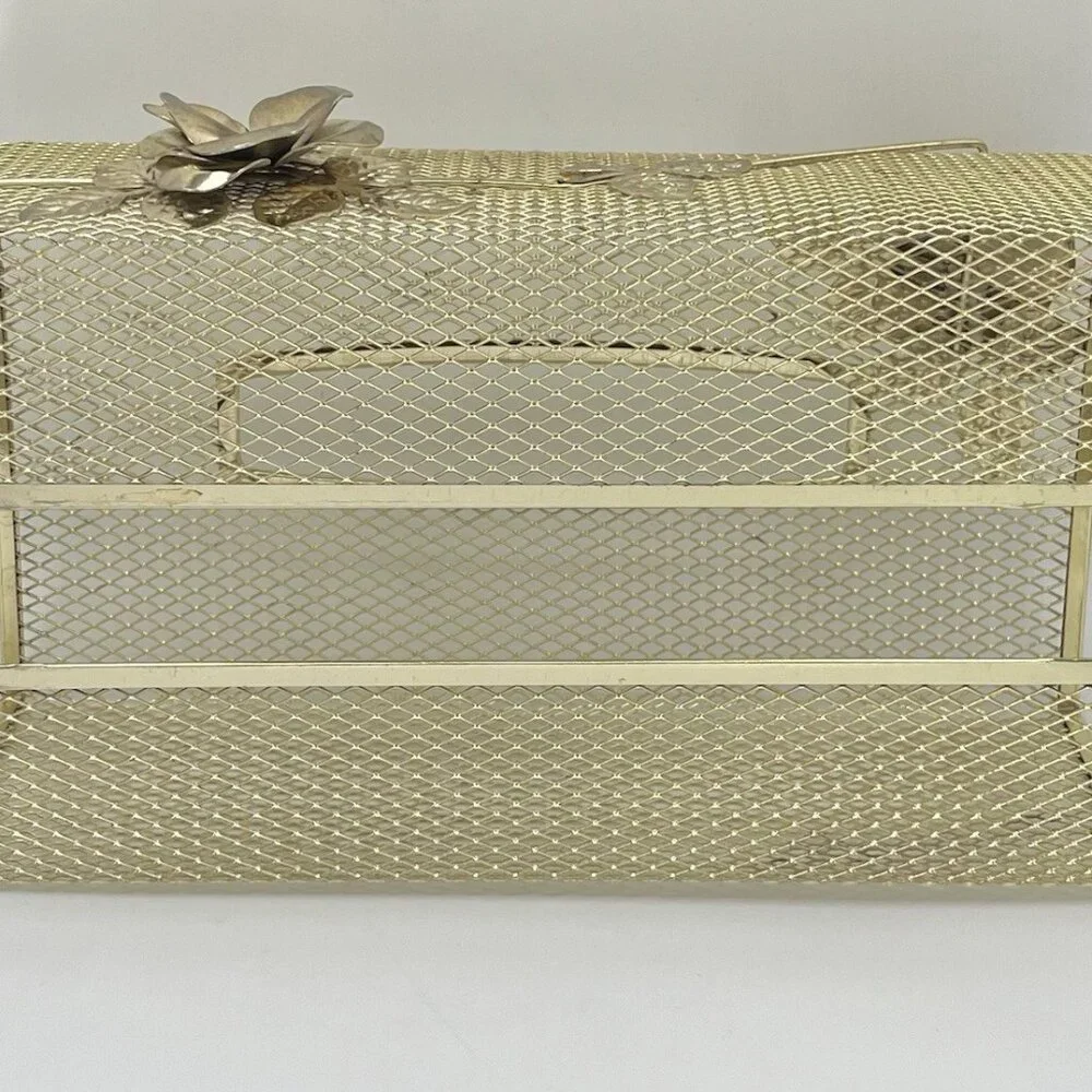 Vintage Gold Tone Metal Rose Tissue Box Cover Hollywood Regency Mesh Vanity MCM